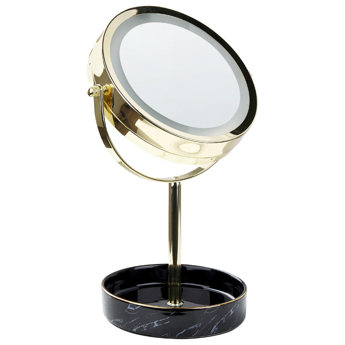 KOSMETICKÉ ZRCADLO zlaté/černé s LED osvětlením 26 cm Savoie - černá/zlatá, kov (20/34/15cm) - Beliani