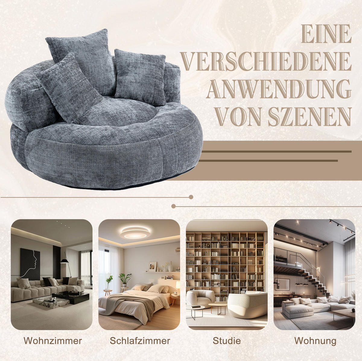 SITZSACK Chenille 108 x 108 x 52 cm Gray - Grau, Kunststoff (108/52/108cm) - Beauniv