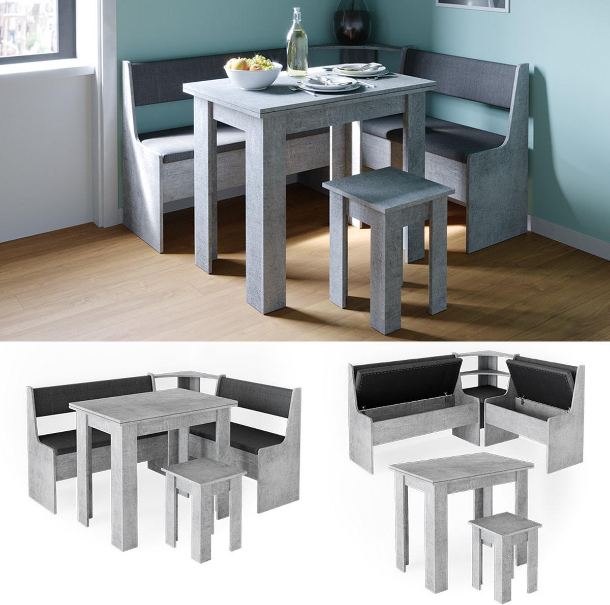 ECKBANKGRUPPE Roman Beton 150 x 41.5 cm mit Tisch - Schieferfarben, Holzwerkstoff (150/80/120cm) - Vicco