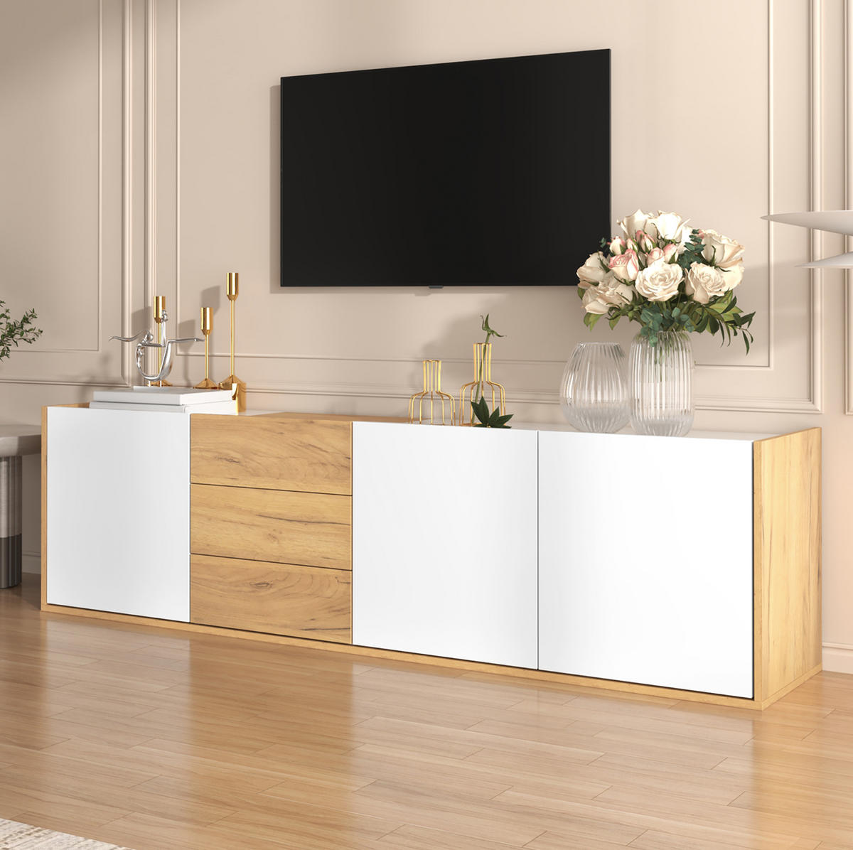 TV stolek z MDF 171,5x35x47 cm bílý v dekoru dřeva se 3 dvířky, 3 zásuvkami a možností montáže na stěnu - bílá, kompozitní dřevo (171.5/47/35cm) - Modfu
