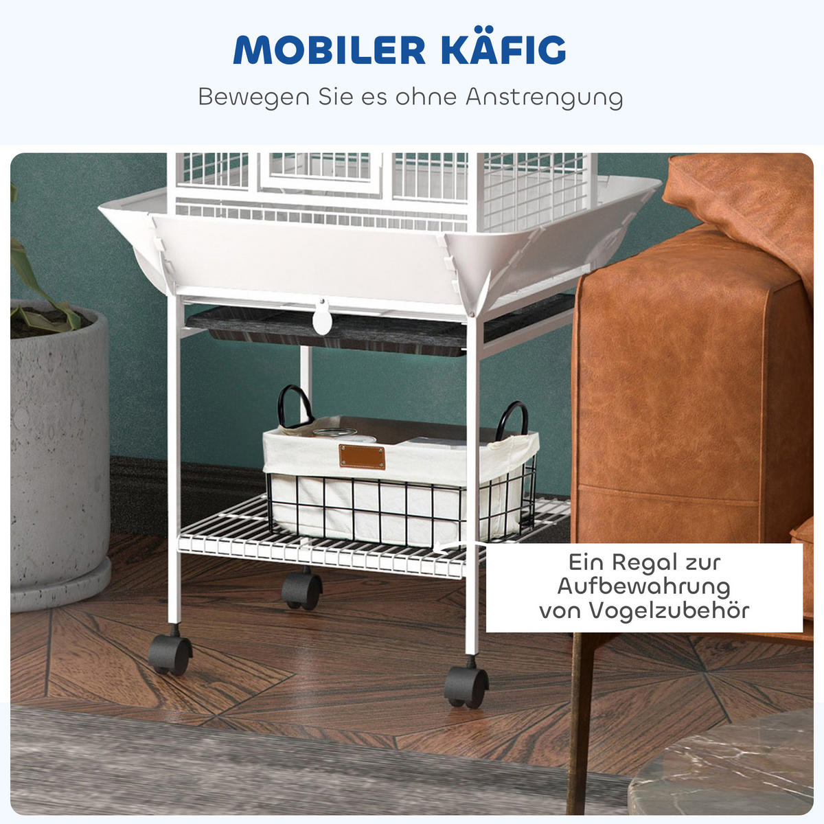 VOGELKÄFIG DE-10842 Papageienkäfig mit 3 Türen & 360° Rollen Weiß - Weiß, Metall (62.5/156/62.5cm) - ComfortXL