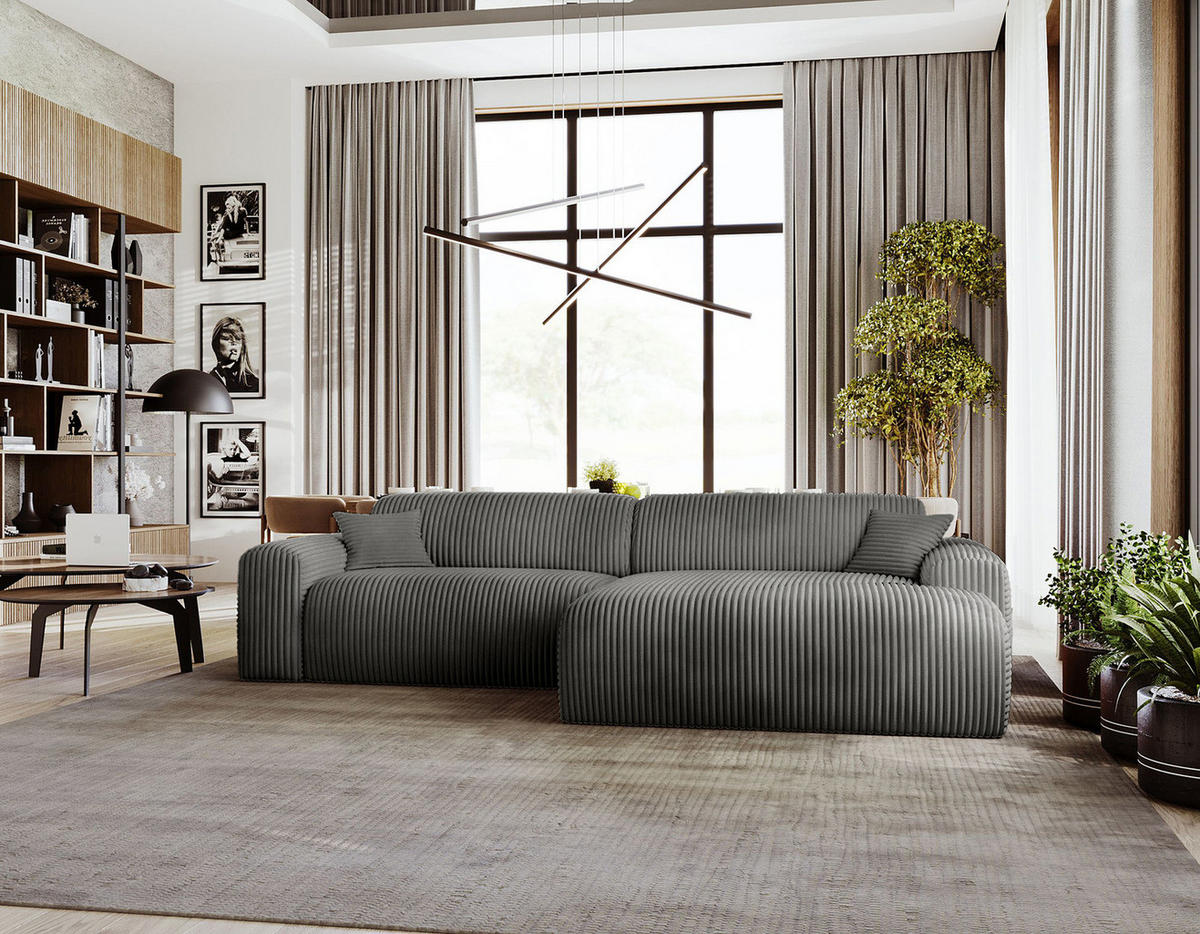 ECKSOFA mit Longchair - Cord - Schwarz/Grau, Kunststoff/Textil (284/178cm) - home24