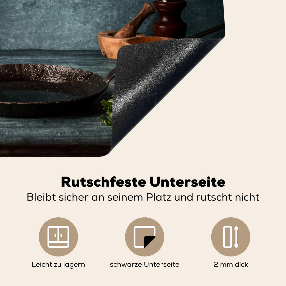 HERDABDECKPLATTE Kräuter - Gewürze - Pfanne - Messer - Grau - Rustikal 58x51 cm - Petrol, Kunststoff (58.3/0.2/51.3cm) - MuchoWow