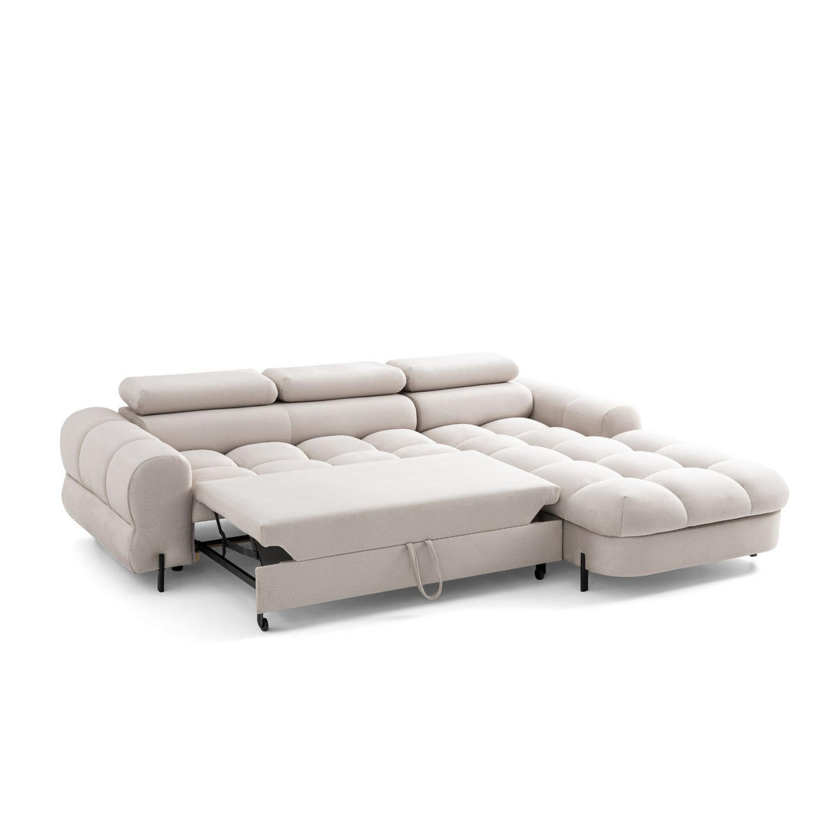 ECKSOFA UFFO L Rechts mit Schlaffunktion 260x195 Velours Creme - Creme/Schwarz, Holz/Textil (195/260cm) - Muffo