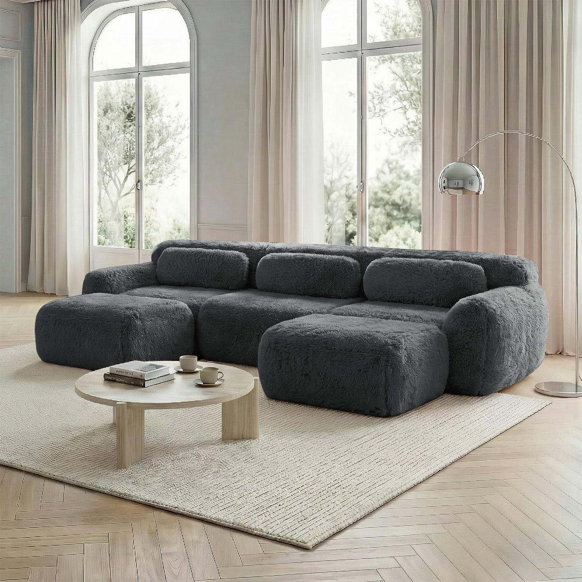 WOHNLANDSCHAFT Plüsch Grau mit Kissen - Grau, Textil (291/73/179cm) - WISHDOR