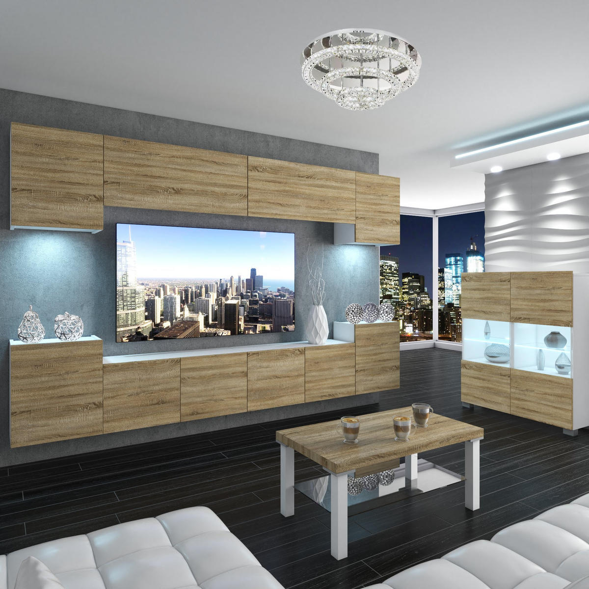 WOHNZIMMERWAND Schrankwand mit LED Sonoma Eiche - Beige, Holz (300/180/36cm) - B BELINI GROUP