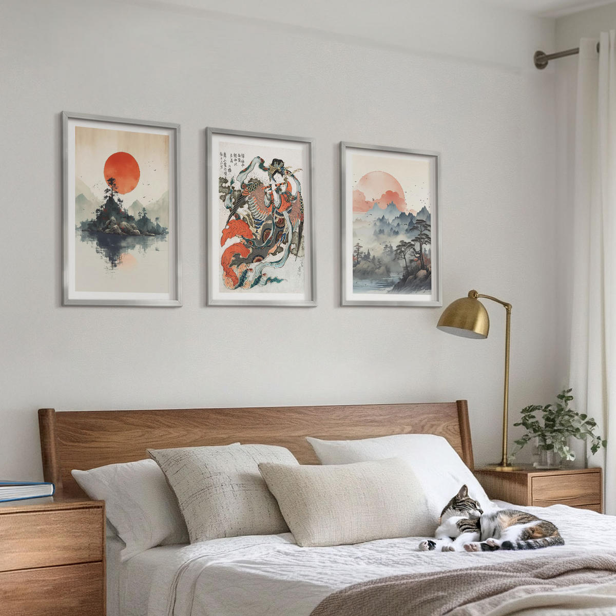 WANDBILDER 3er Set - 40x60 cm Silberner Rahmen - Asiatische Japandi-Malereien - Silberfarben, Kunststoff (40/60cm) - ArtPrintCave