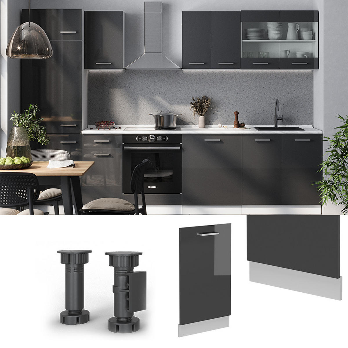 GESCHIRRSPÜLBLENDE R-Line Anthrazit Hochglanz 45 cm ohne Arbeitsplatte - Schwarz Hochglanz/Anthrazit, Holzwerkstoff (45/81.8/1.6cm) - Vicco