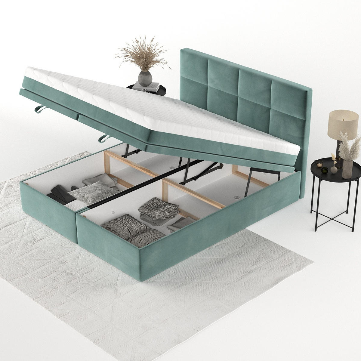BOXBETT Tessa 140/200 cm Türkis im Kronos Stoff - Türkis/Schwarz, Holz/Holzwerkstoff (140/200cm) - AltaBeds