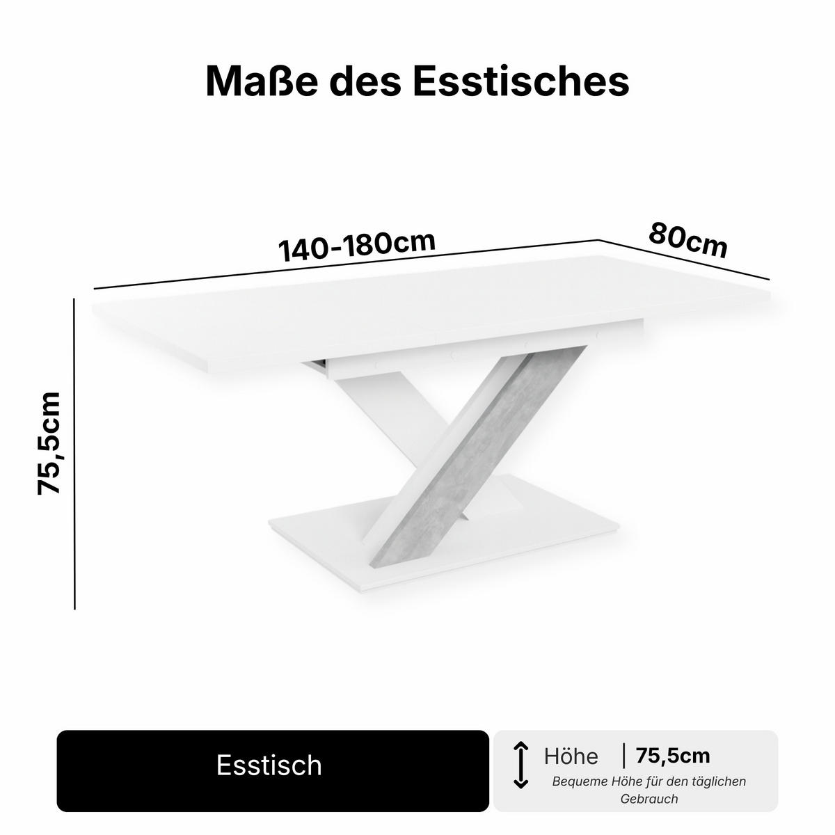 ESSTISCH Grau Betonoptik und Weiß Ausziehbar 140 - 180 cm - Weiß/Grau, Holzwerkstoff (140/80/75cm) - PROSPERO