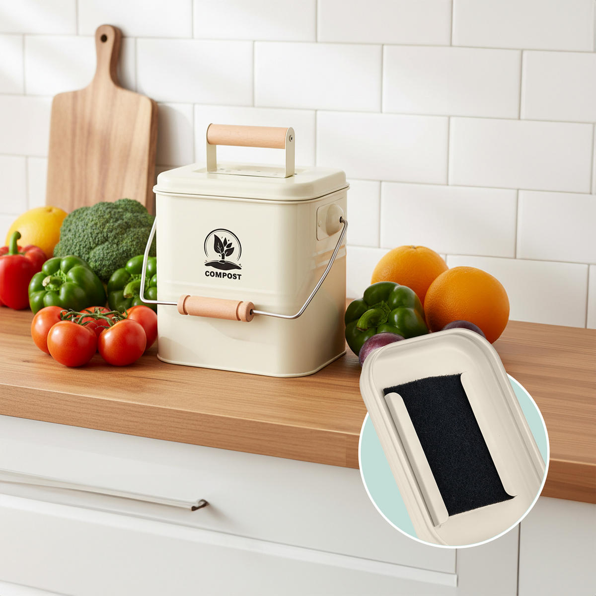 KÜCHEN-KOMPOSTEIMER - Creme, Holz/Textil (15.5/26/20cm) - Relaxdays