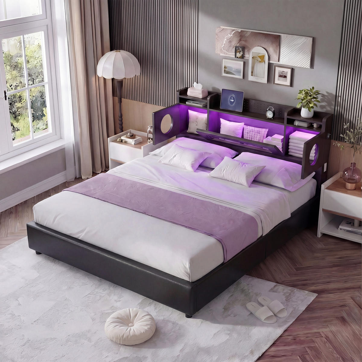 POLSTERBETT 140x200 cm Grau mit Kopfteil Stauraum und Ladefunktion, Bettgestell mit Lattenrost - Schwarz, Holz/Metall (140/200cm) - PARAFTA HOME