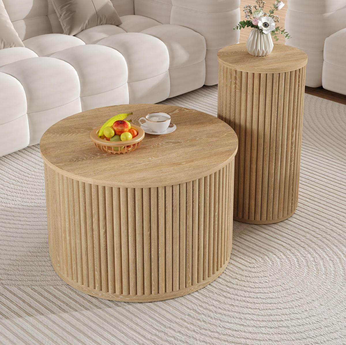SET klubskih stolića 60/60/38,5 i 30/30/56 cm prirodne boje od MDF-a s 3D prugastim uzorkom - prirodne boje, drvni materijal (60/60/38.5cm) - OKWISH