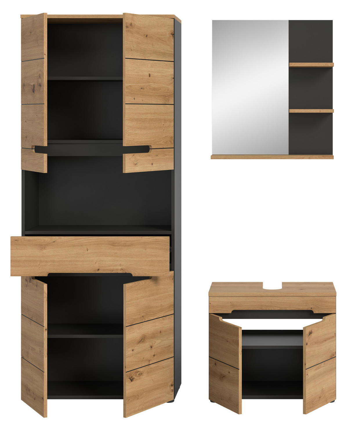 BADMÖBEL-SET Eiche, grau 3-teilig 154 cm, Komplettset mit Soft-Close - Schwarz/Eiche Artisan, Glas/Holzwerkstoff (154/193/34cm) - Inn.Furn