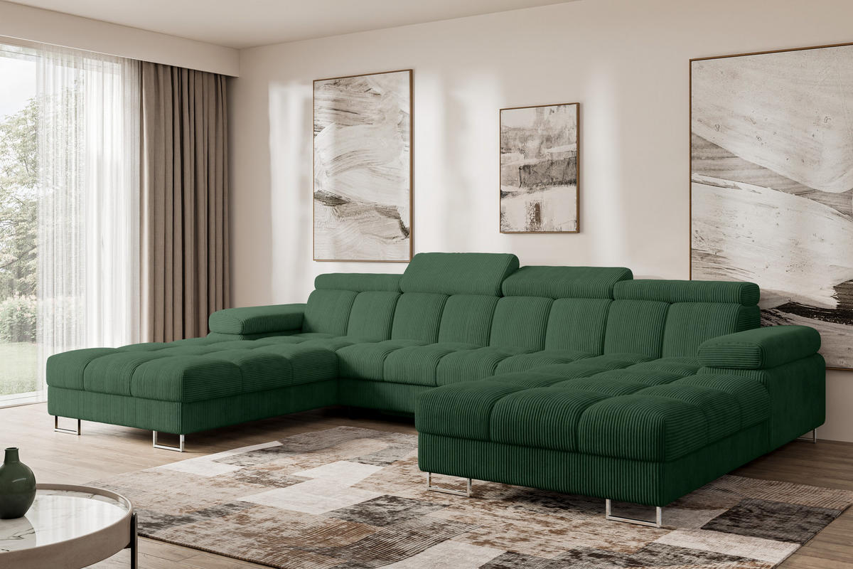 WOHNLANDSCHAFT mit Schlaffunktion und Bettkasten COMA U2 345x203x79 Grün Cord - Waldgrün, Holzwerkstoff/Textil (345/79/203cm) - ALTDECOR