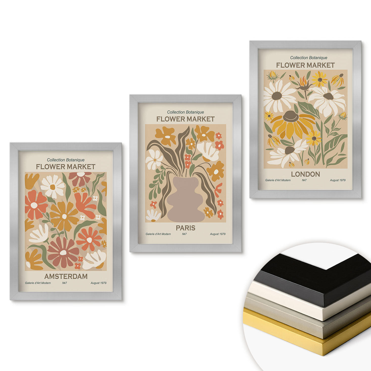 WANDBILDER 3er Set - 20x30 cm Silberner Rahmen - Blumenmuster Amsterdam Paris London - Silberfarben, Kunststoff (20/30cm) - ArtPrintCave