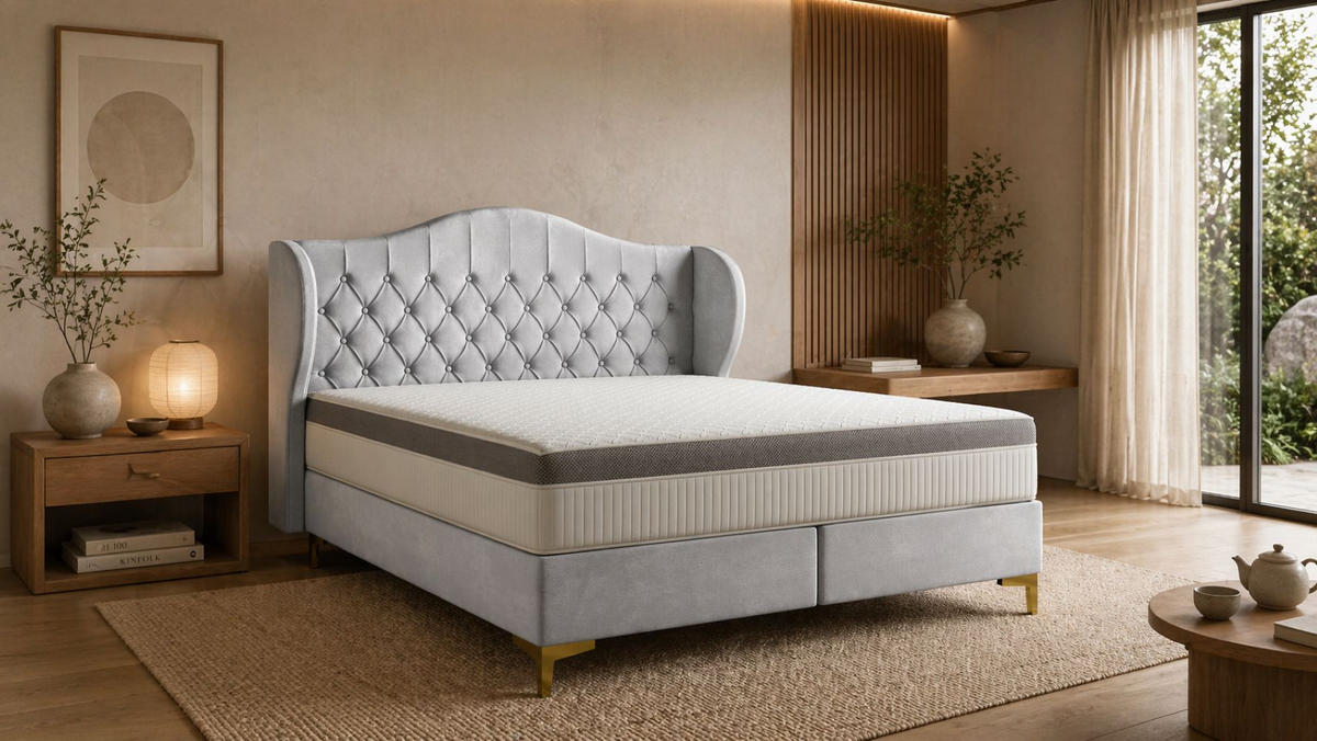 BETT mit Taschenmatratze LEGEND, Whisper-Stoff Silber 160x200 cm - Silberfarben, Holz/Textil (160/200cm) - Kaiser Möbel