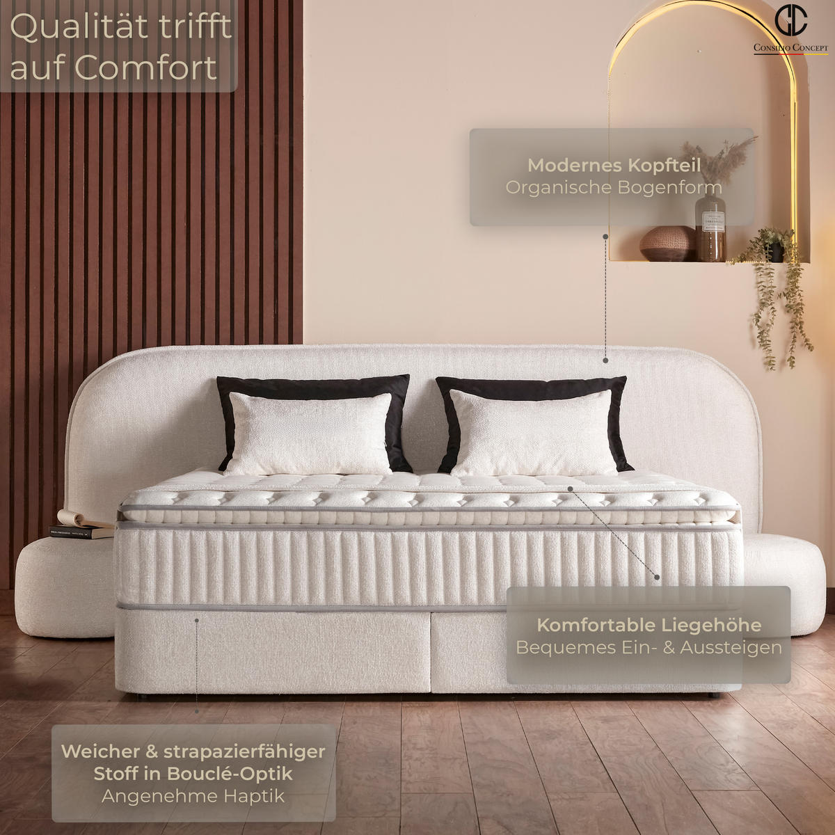BOXSPRINGBETT MIT BETTKASTEN BALI 160/200 cm, Ivory, Bettkasten, Matratze, Topper integriert, H3 mittel 7-Zonen Matratze - Creme/Schwarz, Holz/Kunststoff (160/200cm) - Consilio Concept