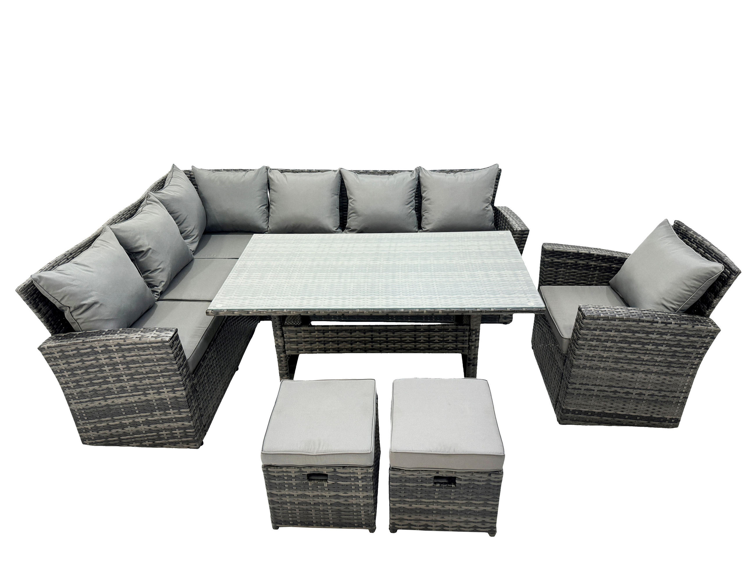 BALKONMÖBEL-SETS mit Ecksofa,Rechteckiger Esstisch,2 Hocker Polyrattan Dunkelgrau 9-Sitzer - Dunkelgrau/Grau, Glas/Kunststoff - Fimous