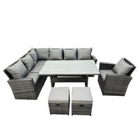 BALKONMÖBEL-SETS mit Ecksofa,Rechteckiger Esstisch,2 Hocker Polyrattan Dunkelgrau 9-Sitzer - Dunkelgrau/Grau, Glas/Kunststoff - Fimous
