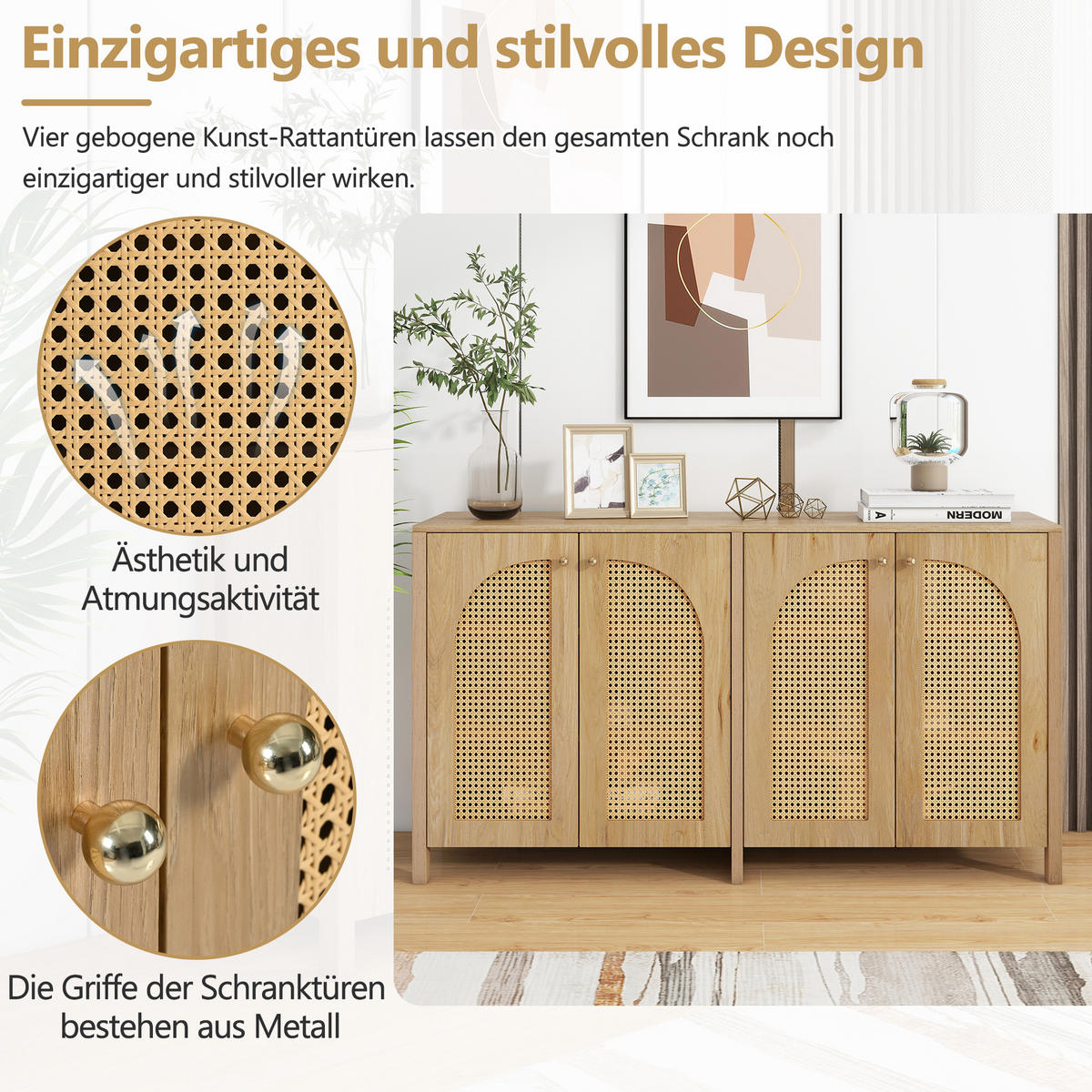 SIDEBOARD 145 cm in Natur Rattan-Optik & 4 Türen im Boho-Stil - Naturfarben, Holzwerkstoff (145/40/80cm) - Urban Meuble