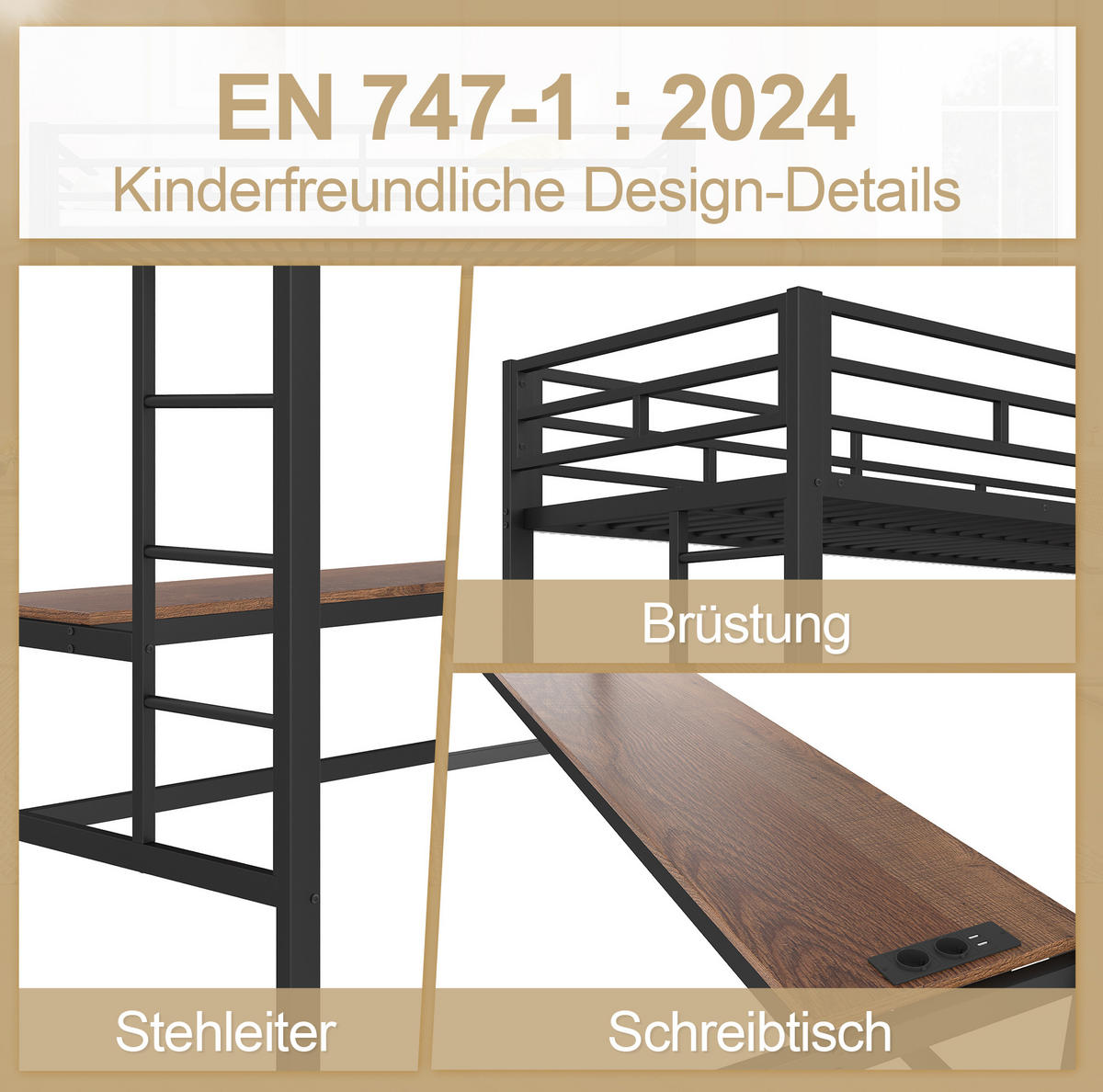 HOCHBETT 90/200 cm mit Schreibtisch, LED-Lichtleiste, USB, Steckdose und Typ-C, Metall, Schwarz - Schwarz, Metall (90/200cm) - Redom