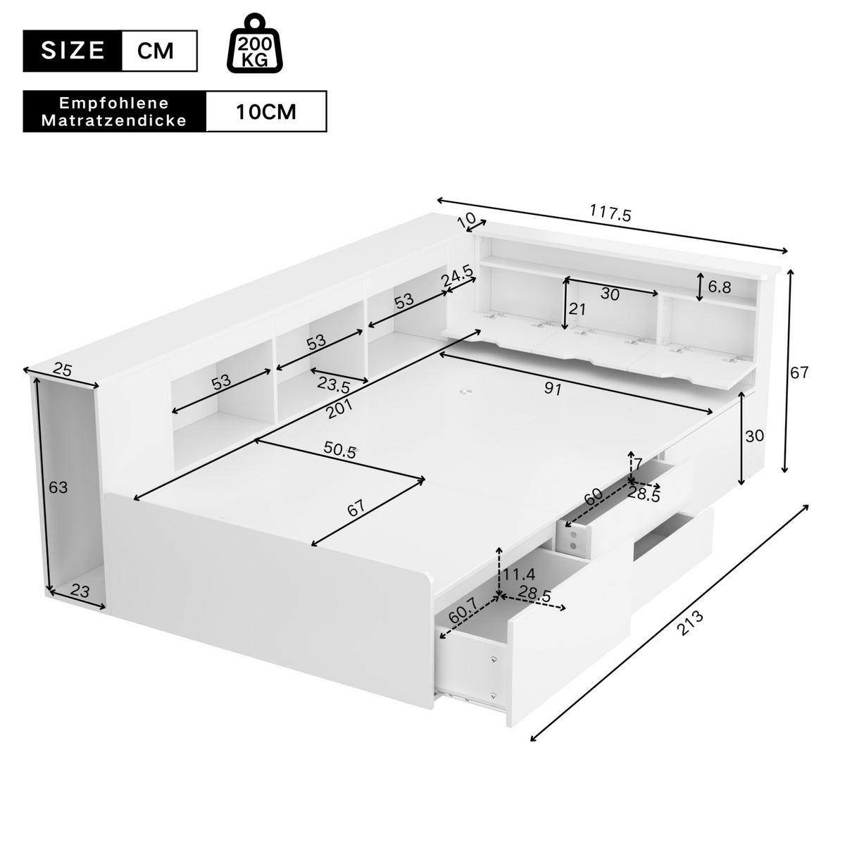 KINDERBETT aus MDF 90x200 cm Weiß mit 4 Schubladen, Bücherregalen und Stauraum - Weiß, Holzwerkstoff (90/200cm) - IVMEU