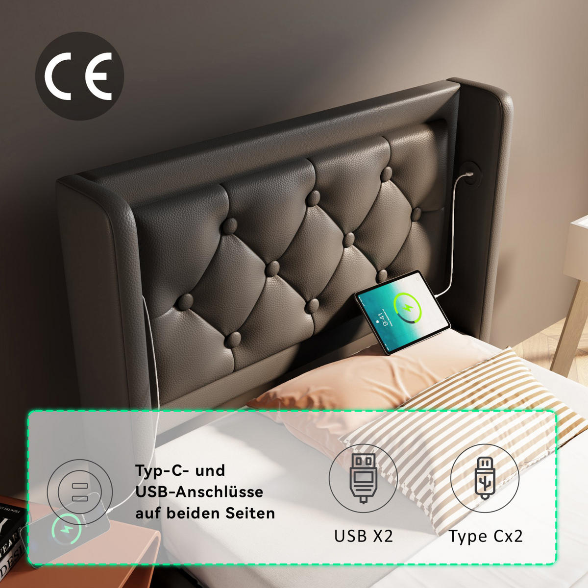 POLSTERBETT 90/200 cm Schwarz aus PU mit LED und USB-C - Schwarz, Kunststoff (90/200cm) - OKMYHOME