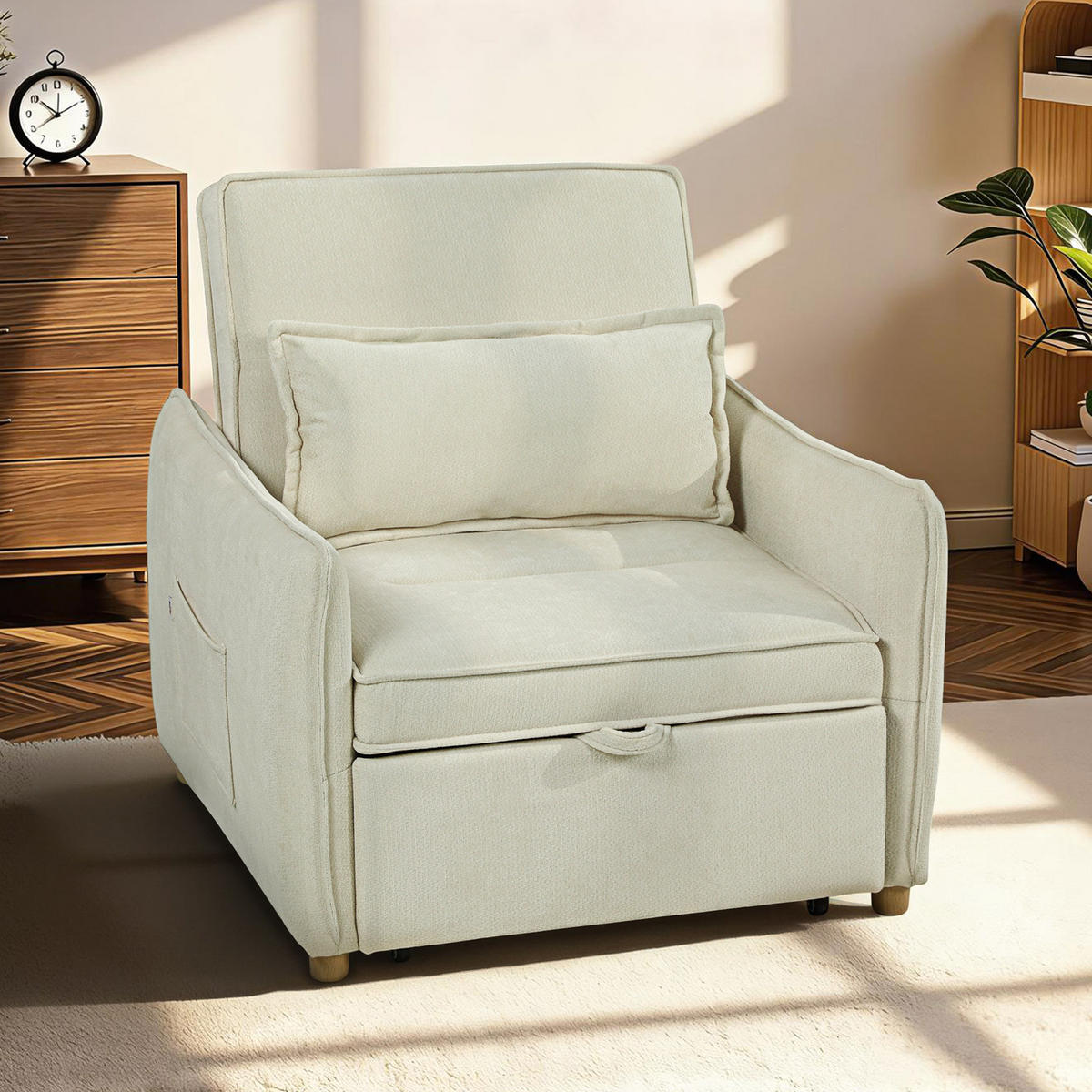 SCHLAFSESSEL 3 in 1 Umwandelbarer Sessel mit Bettfunktion, Lendenkissen, Creme - Eukalyptusholzfarben/Creme, Holz/Textil (84/87/88cm) - HOMCOM