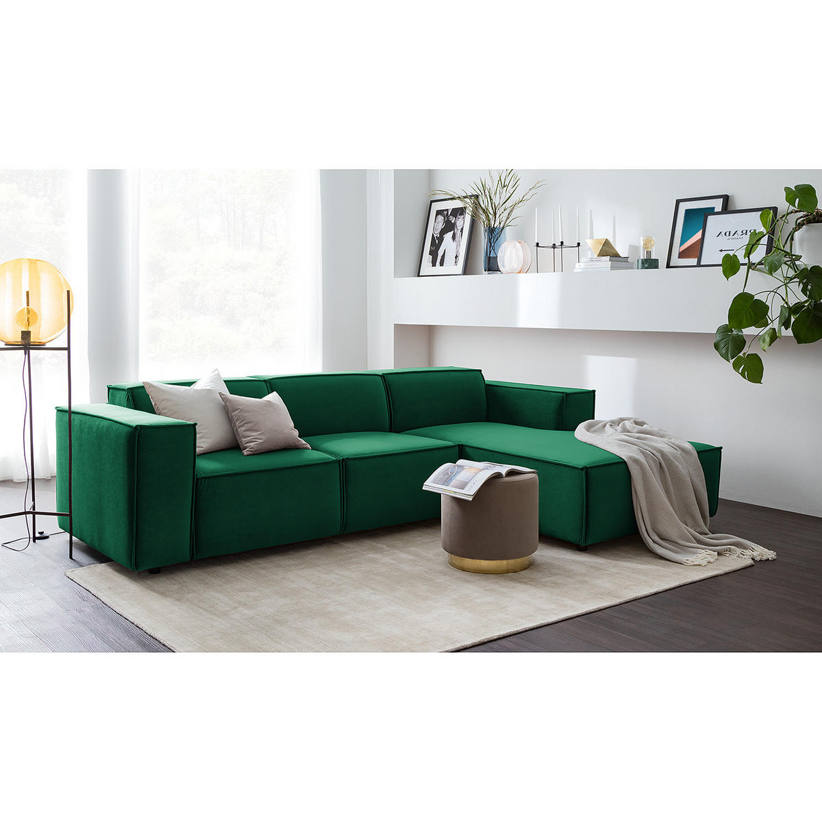 ECKSOFA mit Longchair - Dunkelgrün/Schwarz, Kunststoff/Textil (260/177cm) - home24