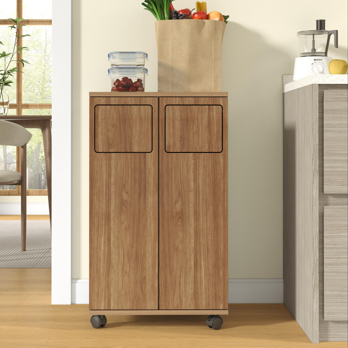 MÜLLSCHRANK DE-38851 46,7/35/80 cm 2 Fächer und Rollen Eiche-Optik - Naturfarben, Holzwerkstoff (46.7/80/35cm) - ComfortXL