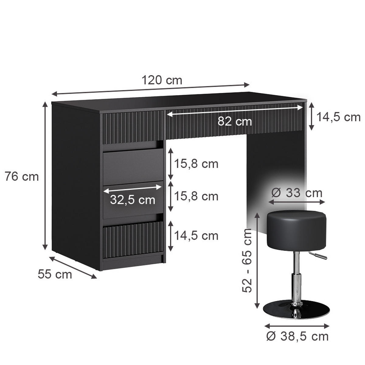 SCHMINKTISCH Omira Schwarz 120 cm mit Hocker - Schwarz, Holzwerkstoff (120/76/55cm) - Vicco