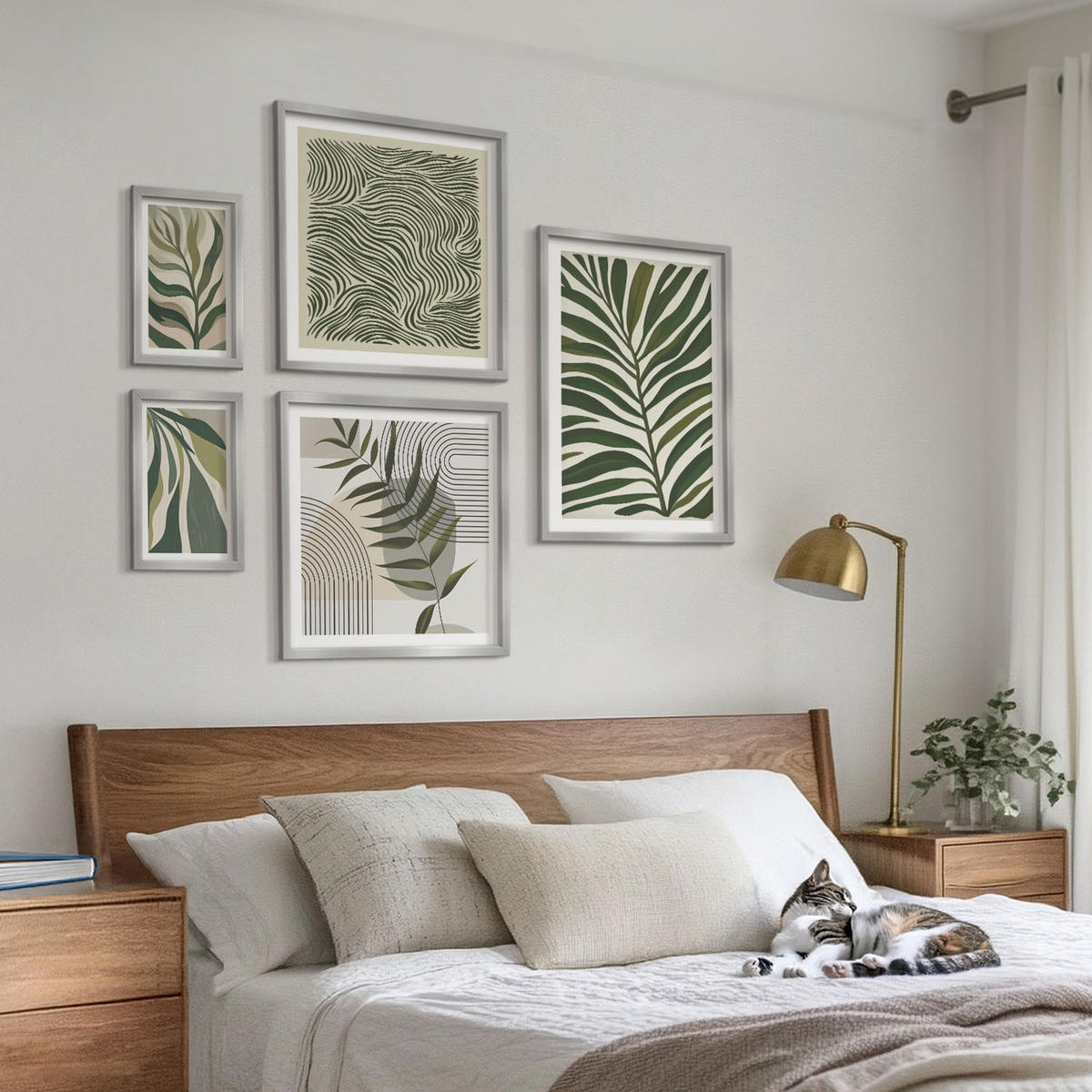 BILDER SET 5er Set - 50x50 cm & 20x30 cm & 40x60 cm Silberner Rahmen - Blätter, Wellen – Pastellillustrationen - Silberfarben, Kunststoff (40/60cm) - TULUP