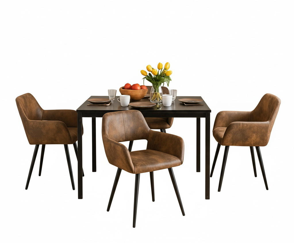 ESSGRUPPE mit Tisch und 4 Armlehnstühlen in Wildlederoptik, Braun - Multicolor, Textil (47/81/45.5cm) - Meubles Cosy