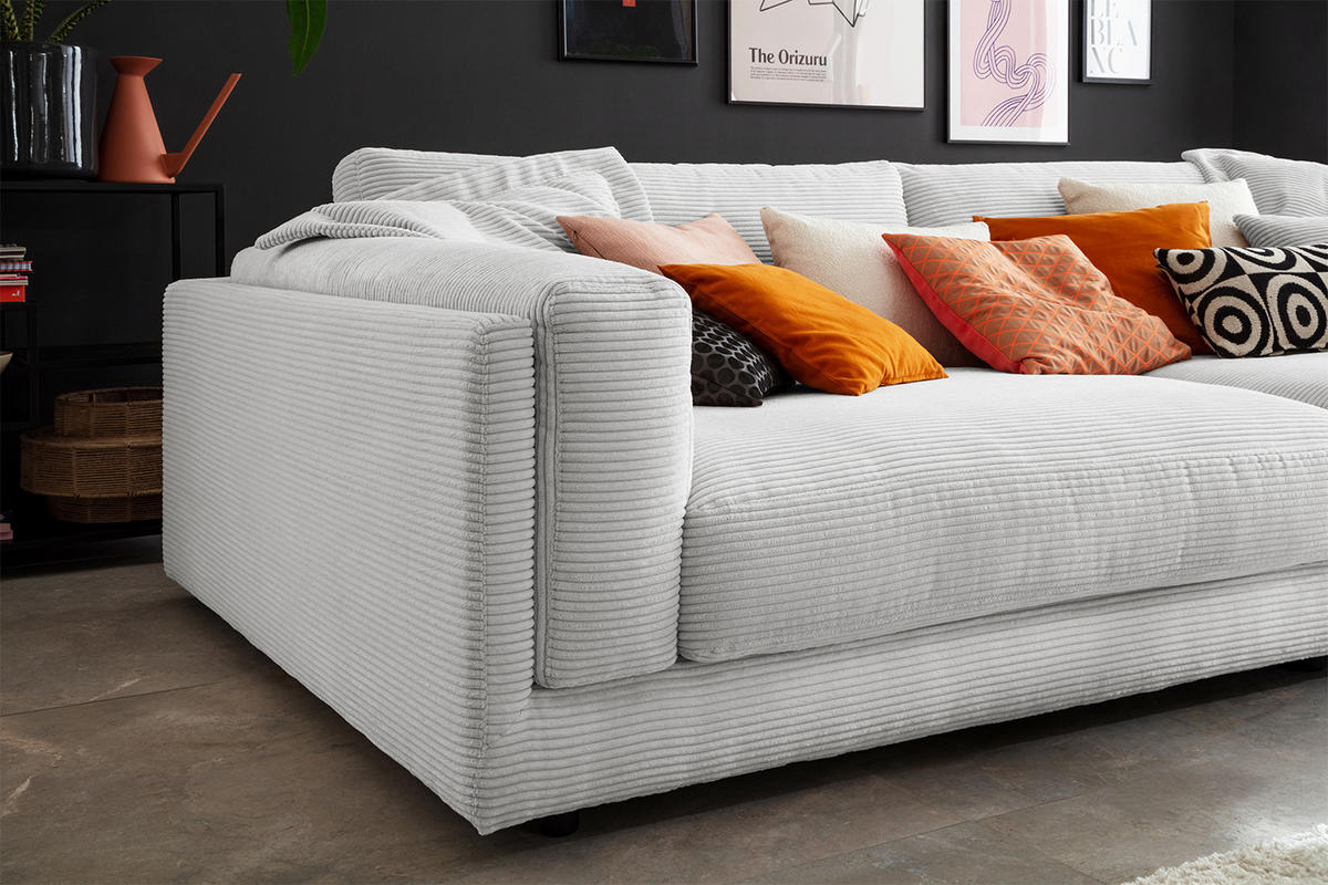 BIG SOFA RAINA Hellgrau Cord - Hellgrau/Schwarz, Kunststoff/Textil (254/85/150cm) - KAWOLA