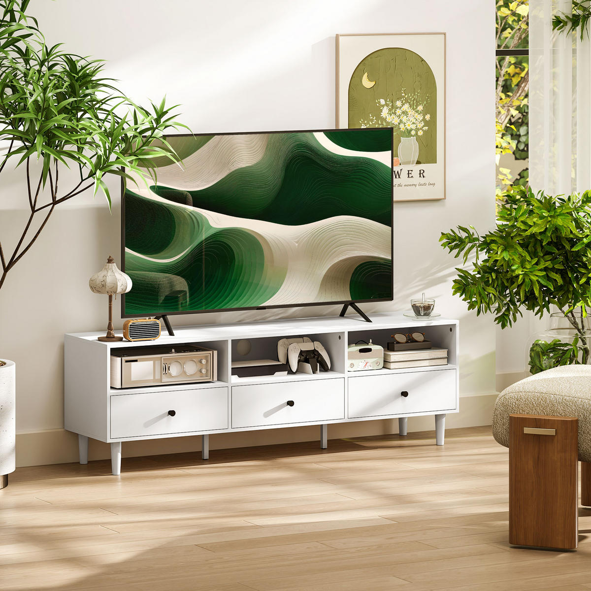 TV Schrank TV Board mit Schubladen, Weiß 140x34x45cm - Weiß, Holzwerkstoff (34/45/140cm) - HOMCOM