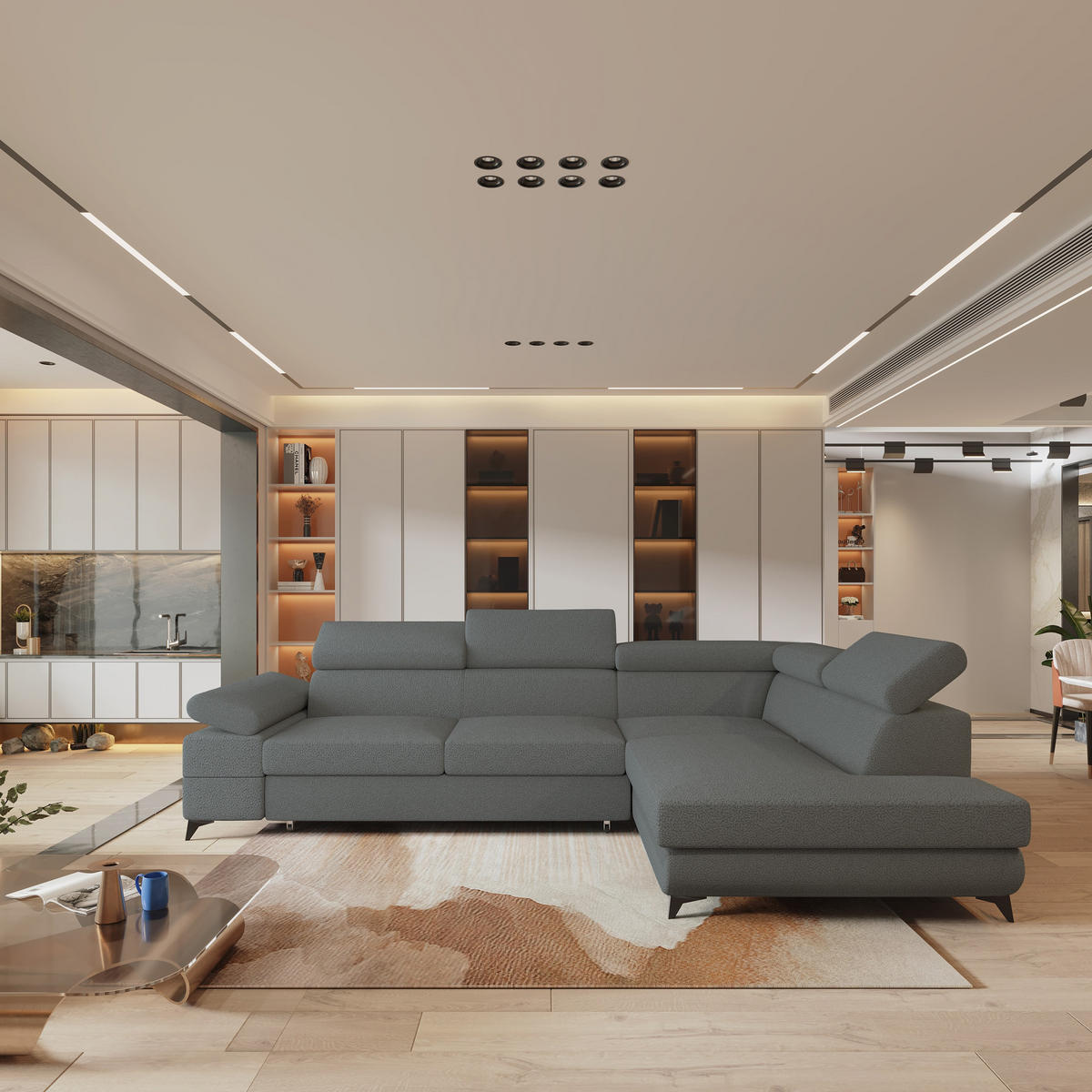 ECKSOFA FAVIEN R-S Grau Boucle-Stoff mit Schlaffunktion - Grau, Holz (257/190cm) - MASSENO