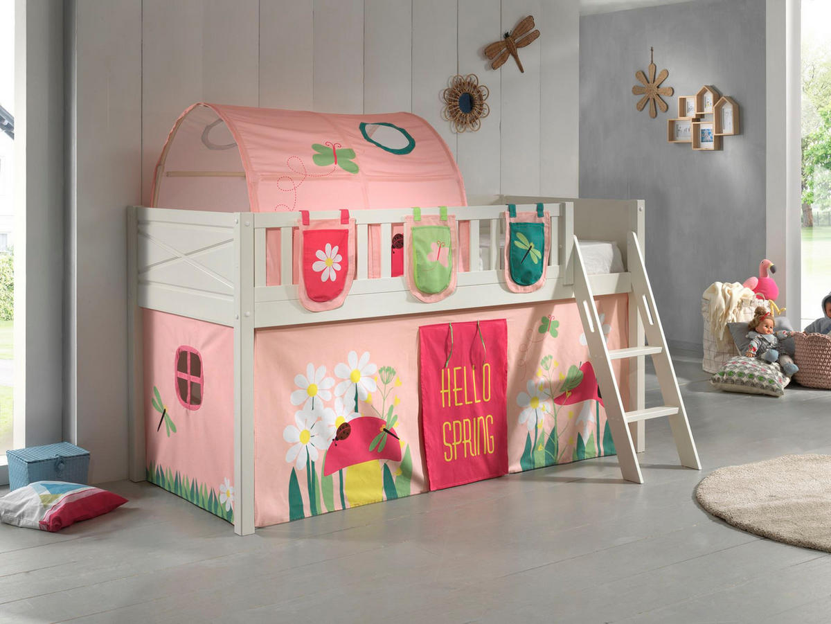 KINDERBETT Karyl 208x114x135 Massivholz Weiß Textilset Spring 4 - Hellrosa/Weiß, Holz (90/200cm) - 58aufmkessel