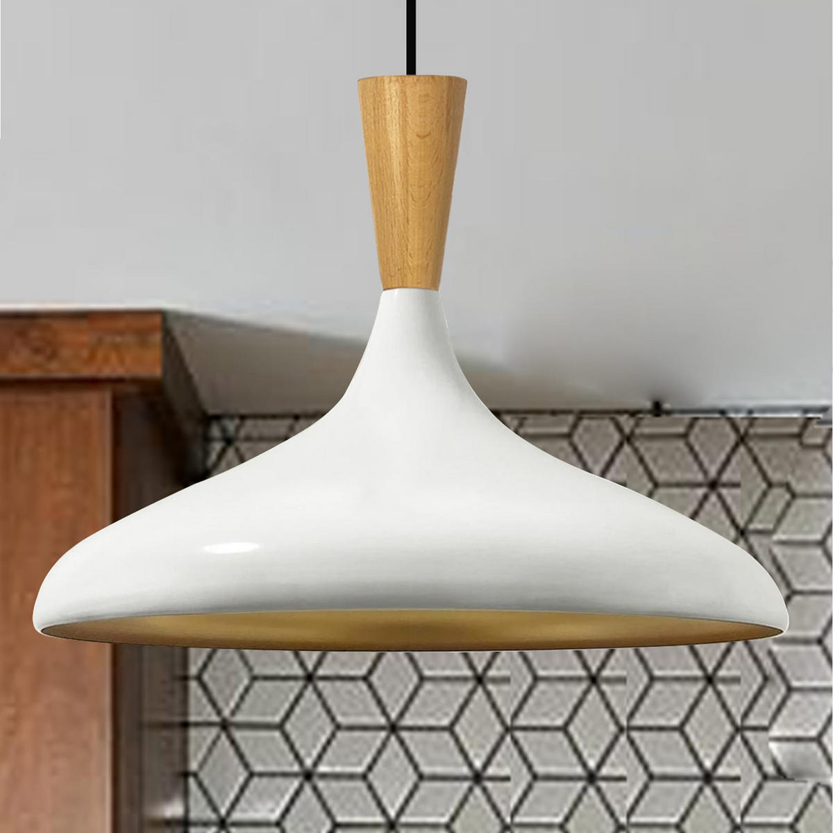 PENDELLEUCHTE Champion Holz 35/30 cm - Goldfarben/Weiß, Metall (35/30cm) - Bamyum