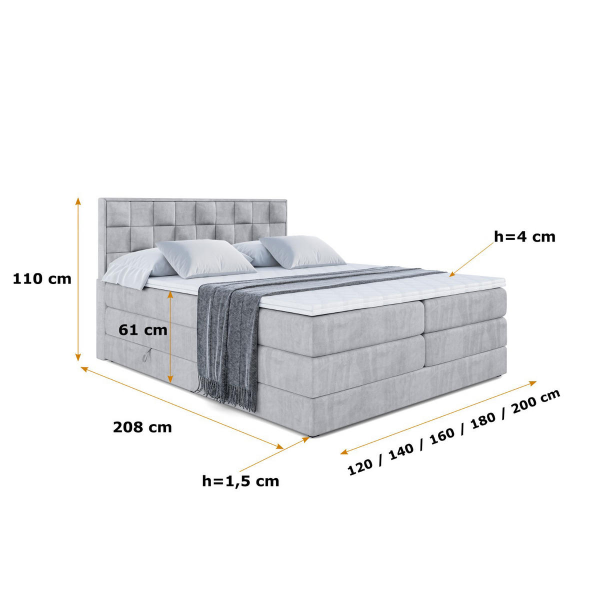 BOXSPRINGBETT ZAFIRA-BZ KING - 180 x 200 - H3/H4 - Hellgrau - Hellgrau, Holzwerkstoff (180/200cm) - ALTDECOR