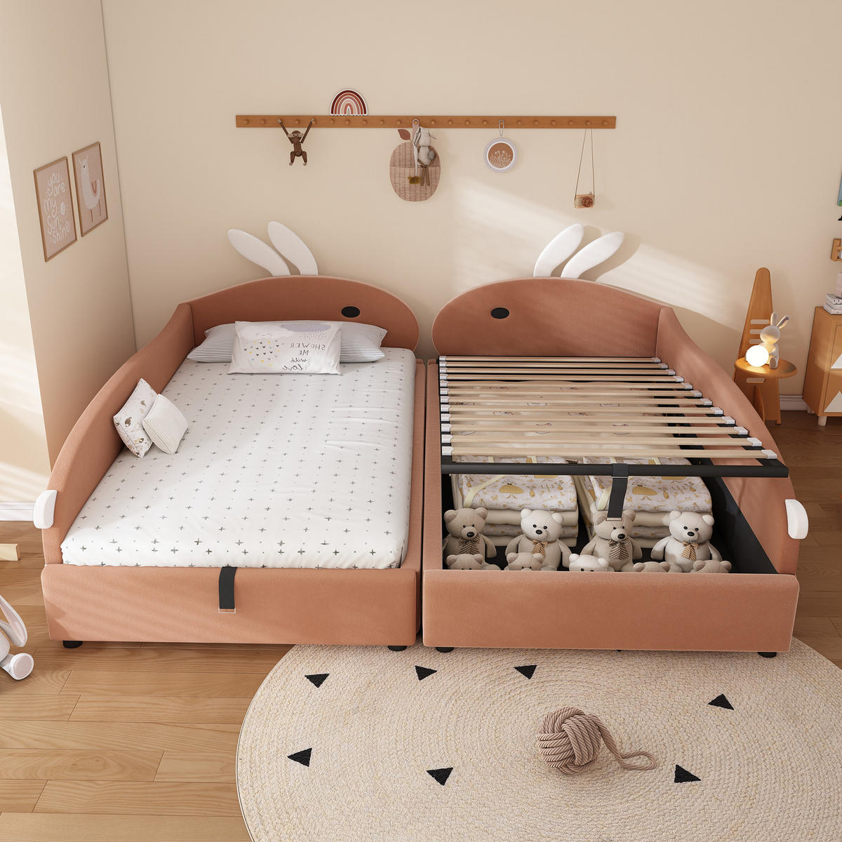 POLSTERBETT 90/200 cm Rosa + Weiß mit Häschen-Kopfteil und hydraulischem Stauraum aus Samt - Dunkelrosa, Textil (90/200cm) - OKWISH