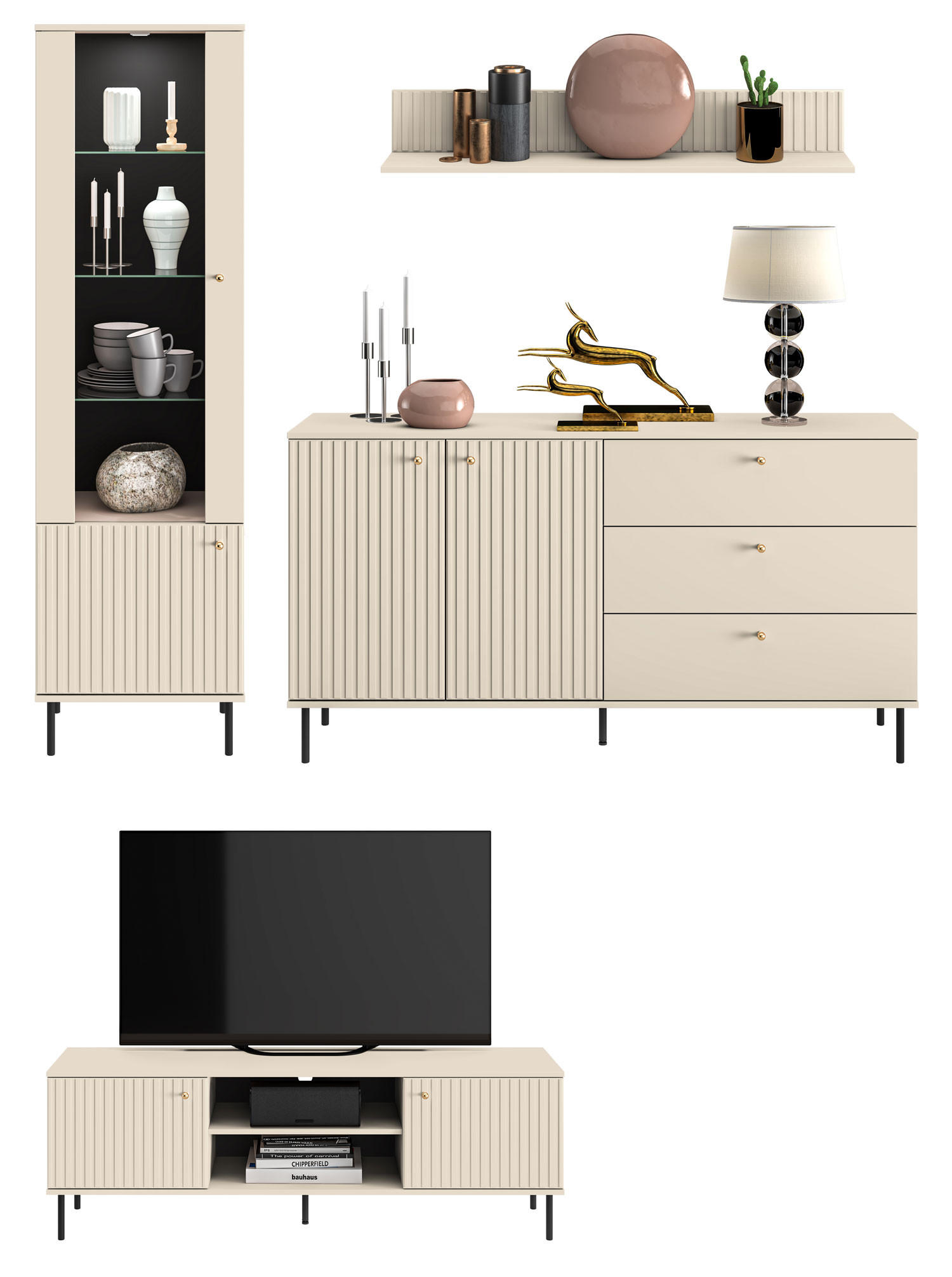WOHNZIMMER-SET Sophie kaschmir matt 4-teilig - Kaschmir/Braun, Holz/Holzwerkstoff (375/190/40cm) - Feldmann-Wohnen