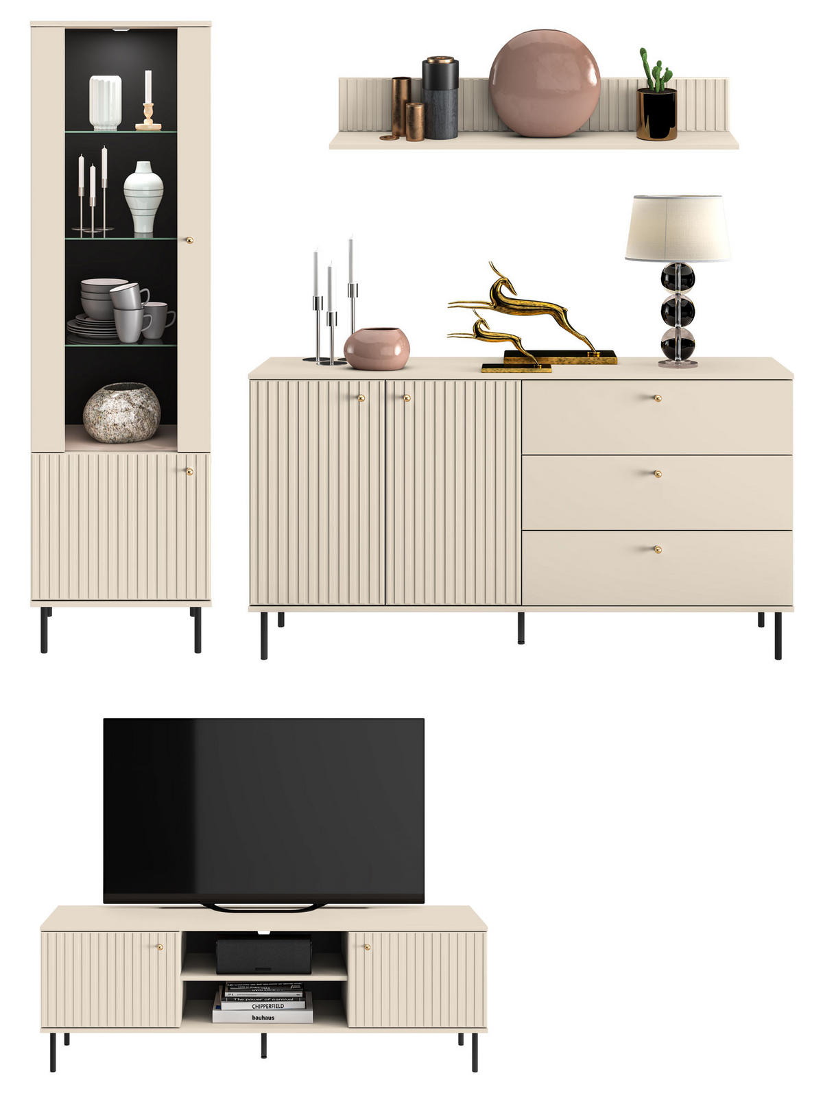 WOHNZIMMER-SET Sophie kaschmir matt 4-teilig - Kaschmir/Braun, Holz/Holzwerkstoff (375/190/40cm) - Feldmann-Wohnen