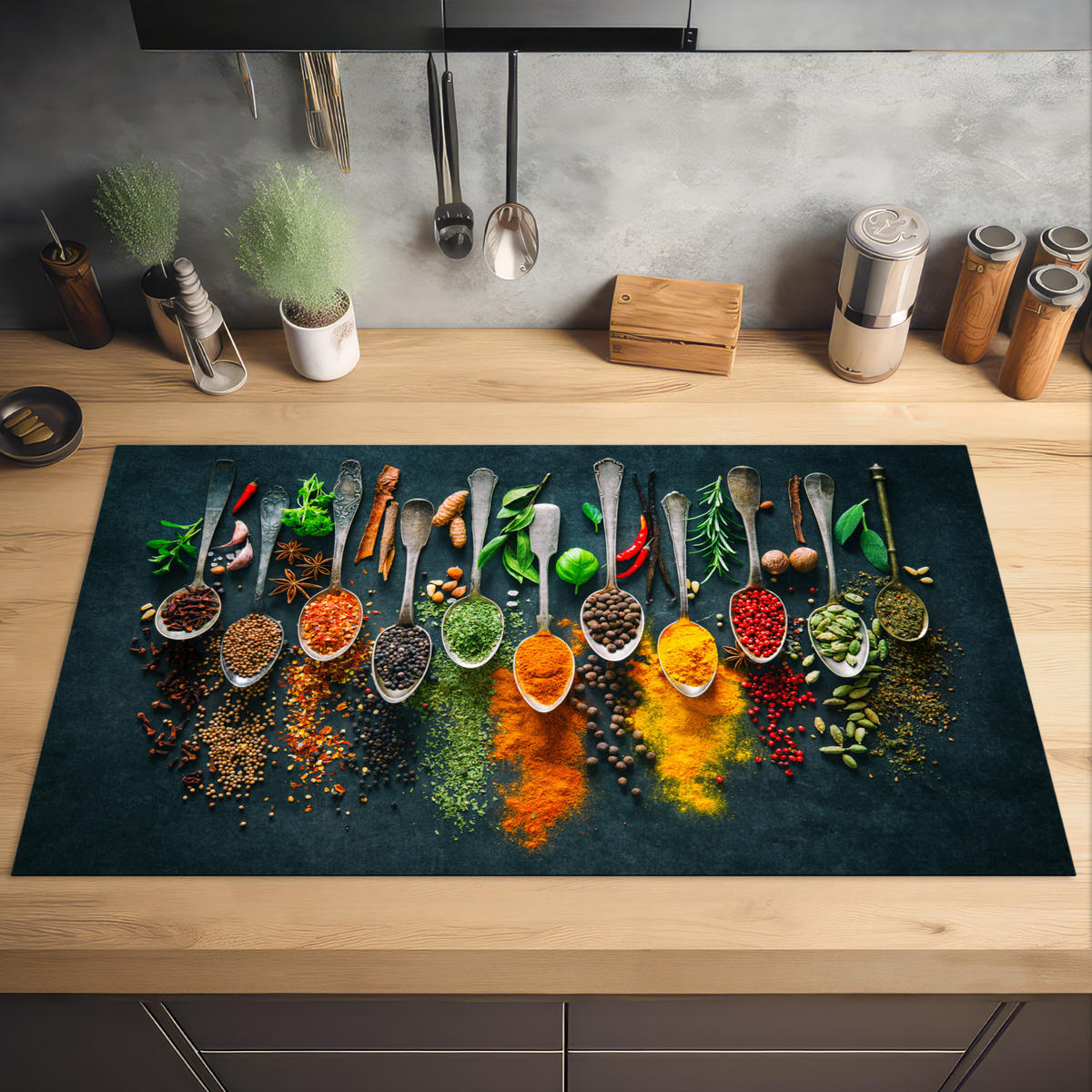 HERDABDECKPLATTE Kräuter - Gewürze - Löffel 91x52 cm - Multicolor, Kunststoff (91.6/0.2/52.7cm) - MuchoWow