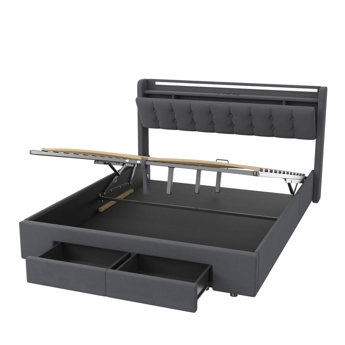 POLSTERBETT160/200 cm in Dunkelgrau Samt mit Bettkasten, Schubladen und USB/LED-Beleuchtung - Dunkelgrau, Holzwerkstoff/Textil (160/200cm) - CHICFURN