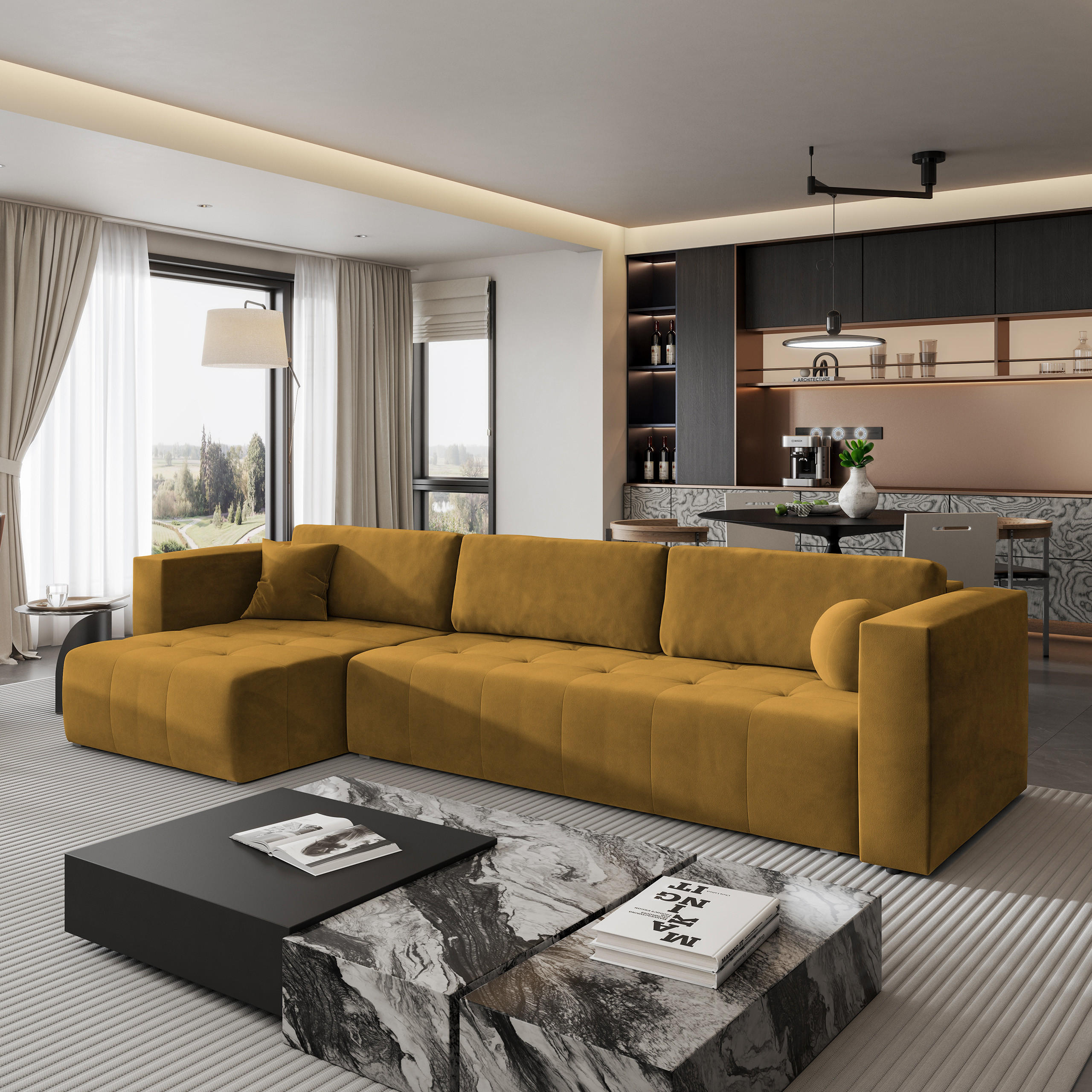 ECKSOFA OLVERA Gelb Plüsch-Stoff mit Schlaffunktion - Gelb, Holz (347/148cm) - MASSENO