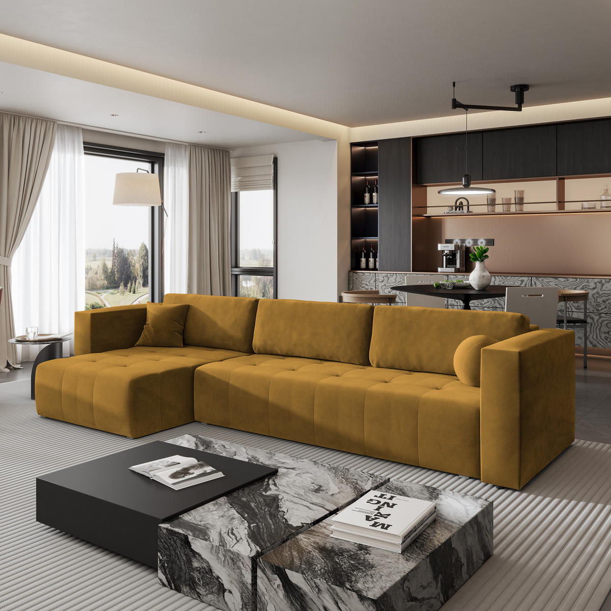 ECKSOFA OLVERA Gelb Plüsch-Stoff mit Schlaffunktion - Gelb, Holz (347/148cm) - MASSENO