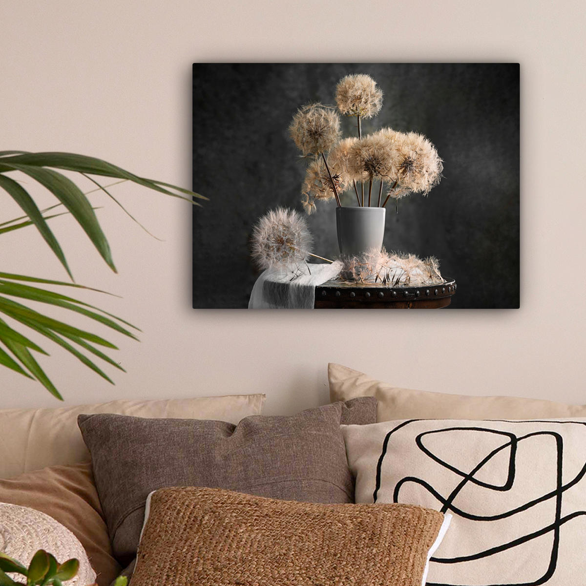 LEINWANDBILD Blumensamen - Löwenzahn - Vase - Stilleben - Blumenstrauß Wandbild 40x30 cm - Dunkelgrau, Textil (40/30cm) - MuchoWow