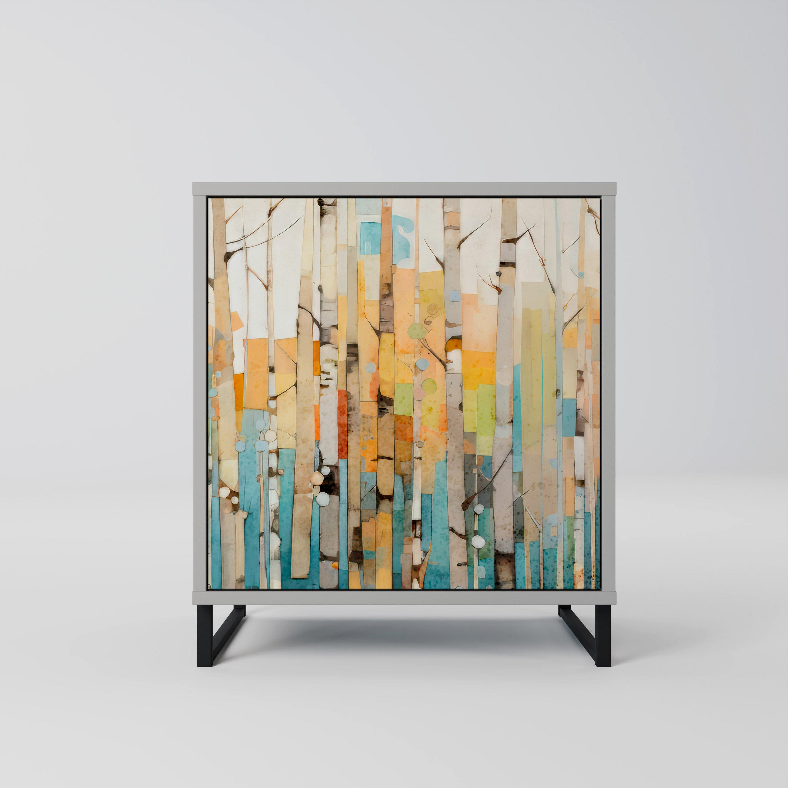 SIDEBOARD BIRCH KALEIDOSCOPE, Grau, 57,5x42x67,5 cm, Schwarze Metall-Rahmenfüße - Multicolor/Schwarz, Holzwerkstoff/Metall (57.5/67.5/42cm) - SpaceRebels