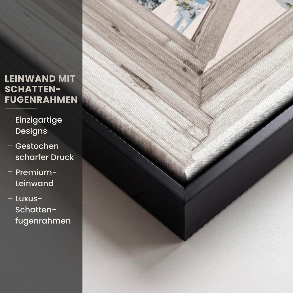 LEINWAND Bilder mit Rahmen - Winterlandschaft - Hütte - Berge - Ausblicke - Aussicht - Natur - 70x50 - Weiß Hochglanz, Textil (70/50cm) - MuchoWow